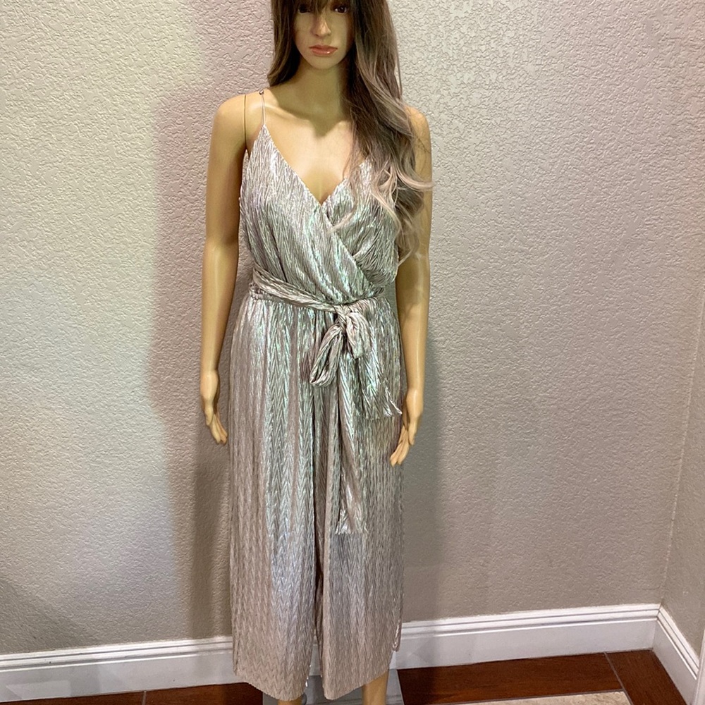 Metallic Silver Wrap Jumpsuit with Tie Waist